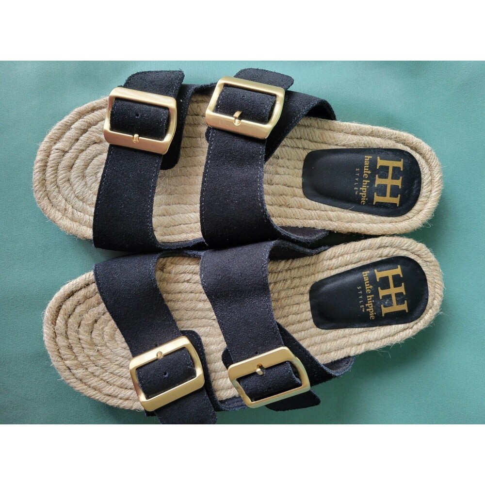 Haute Hippie Black Suede Double Buckle Espadrille Slide Sandals Women's Size7.5M - Picture 11 of 11